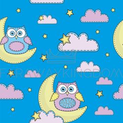 BLUE OWL Sleep Cartoon Seamless Pattern Vector Illustration