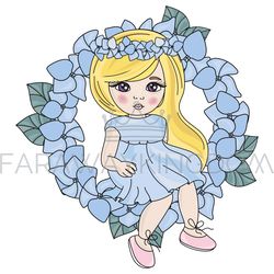 BLUE WREATH Spring Girl Season Holiday Vector Illustration Set