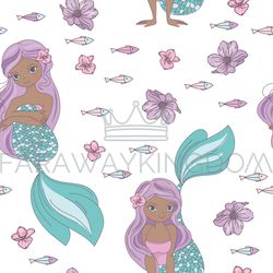 BROWN MERMAID Princess Seamless Pattern Vector Illustration