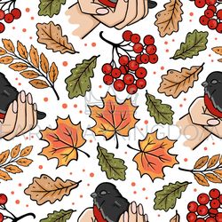 BULLFINCH IN HANDS Autumn Seamless Pattern Vector Illustration