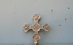 Brass small christian cross tip vintage, Bronze old antique Cross Top, Church crucifixion pommel finial head