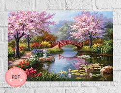 Cross stitch pattern,Japanese garden, Pdf ,Instant download ,Asian Style Cross Stitch Pattern,Sakura,Cherry Blossom