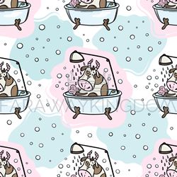 BULL TAKES BATH AND SHOWER Seamless Pattern Vector Illustration