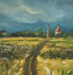 The Road To The Church Original Oil Painting Rural landscape Wall Art Country Still Artwork Summer Landscape Painting