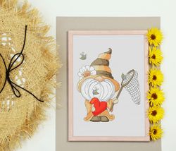 Bumble Bee Gnome, Cross stitch pattern, Modern cross stitch, Counted cross stitch, Summer cross stitch,