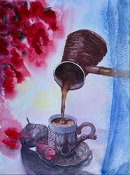 Turkish Coffee Original Painting Still Life Watercolor 17"x12" Arabic Coffee Cup Cultural Tradition Floral ItalianCoffee