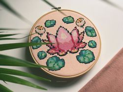 Pink Lotus Flower Cross Stitch Pattern PDF, Floral Wreath Counted Cross Stitch, Flower Embroidery Chart Instant Download