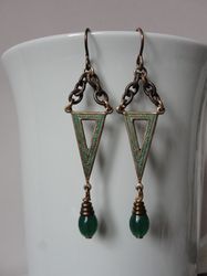 Vintaj solid natural brass Emerald drop with chain earrings Textured  green patinaed