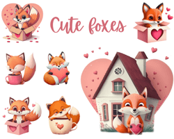 Adorable Valentine Fox Clipart Set, foxes Clipart png ,commercial use, digital download