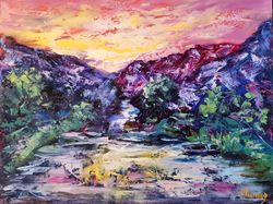 Mountains Waterfall Sunset Boat Original Art Oil Painting Artist Svinar Oksana