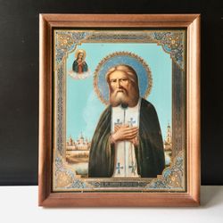 Venerable Seraphim of Sarov | Lithography print in wooden frame covered with glass | Size: 24x20 cm/ 9.5"x7.8"
