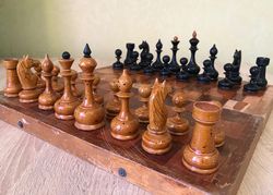 Soviet artel chess set 1950s, Old Russian chess, Wooden antique chess set USSR