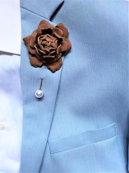 Brown leather brooch, Leather flower lapel pin, Leather boutonniere, Leather rose brooch, Wedding leather boutonniere