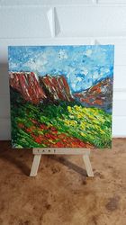 Original oil painting Mountains. Summer landscape. handmade wall art 6 x 6