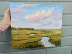 River Summer Landscape Oil Painting Field Original Art Impasto Artwork