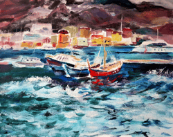 Seaside Painting Original Art Sailboat Painting Mediterranean Oil Painting Seascape Wall Art Canvas Art Seaside Town