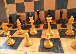Wooden Russian vintage 1960s chessmen set, Old soviet chess pieces USSR