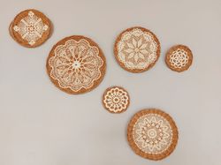 Set of 6 round wall mounted wicker baskets. Lace wall plates. Lace wall plates.