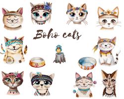 Cats Clipart watercolor, boho cats png, boho cute cats, digital download png