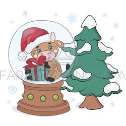 CHRISTMAS TREE BULL New Year Cartoon Vector Illustration Set