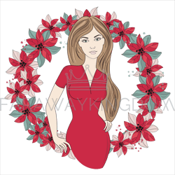 CHRISTMAS ICON Wreath Girl Portrait Vector Illustration Set