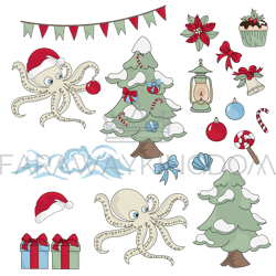 CHRISTMAS OCTOPUS Underwater Cartoon Vector Illustration Set