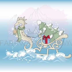 CHRISTMAS SEA HORSE Winter Cartoon Vector Illustration Set