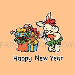 HAPPY NEW YEAR RABBIT Cartoon Cute Hare Baby Hugs Carrot