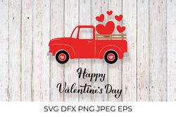 Valentines Truck.  Vintage pickup delivers hearts. Valentines Day card