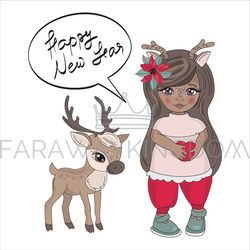 NEW YEAR GIRL Merry Christmas Cartoon Vector Illustration Set
