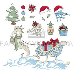 NEW YEAR SEA HORSE Christmas Cartoon Vector Illustration Set