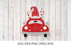 Valentines red retro car and cute gnome