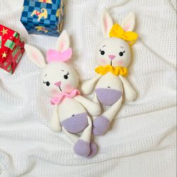 bunny rabbit amigurumi crochet toy gift for baby girl bunny with collar and bow amigurumi doll easter for newborn