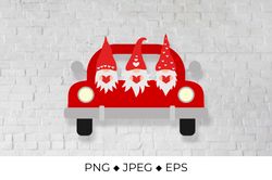 Valentines Day Truck and cute cartoon gnomes. Red retro truck