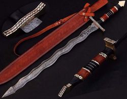 Custom Hand Forged, Damascus Steel Functional Sword 32 inches, Kris Blade, Flamberge Swords Battle Ready, With Sheath