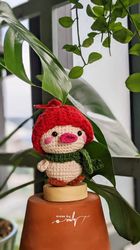 KNITTED toys baby duck wearing red winter hat, Crochet duck,cute doll, woodland animals knitted toys,Crochet Bagcharm