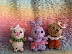 combo 3 KNITTED toys baby bear, pig, rabbit cute toys,cute doll, woodland animals knitted toys,Crochet Bagcharm,Cro