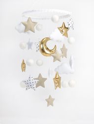 Gold Stars Baby Mobile Beige Nursery decor Gender Neutral Baby Mobile Clouds Nursery Mobile Stars and Clouds Baby Room