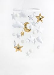 Gold Stars Baby Mobile White Nursery decor Gender Neutral Baby Mobile Clouds Nursery Mobile Stars and Clouds Baby Room