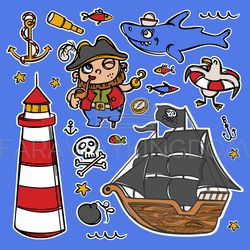 CAPTAIN HOOK AND LIGHTHOUSE Pirate Sticker Vector Collection