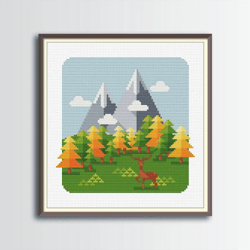 Mountains Cross Stitch Pattern, Deer Cross Stitch, Digital PDF
