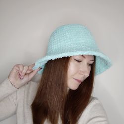 Fluffy bucket hat hand knit Mint color bucket hat crochet y2k bucket hat for women Plush bucket hat