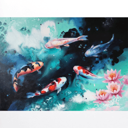 Koi Fish Painting Carp Oil Art Feng Shui Painting Japanese Artwork Koi Wall Art Lotus Original Art