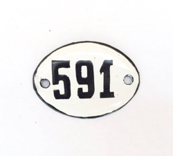 Small enamel metal apt door number sign 591 vintage