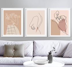 Line Drawing Print Beige Wall Art Women Art Downloadable Prints Female Line Art Set Of 3 Couple Art Minimalist Artwork