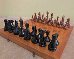 Antique wooden Soviet chess set BAKU, Old 1950s vintage chess USSR 1953 made