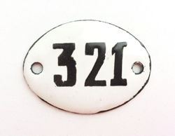 Small enamel metal number sign 321 vintage address door plate