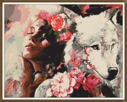 PDF Cross Stitch Pattern - Fantasy - Woman and White Wolf 001