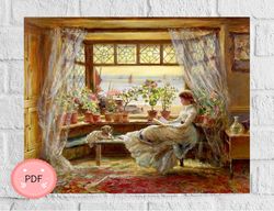 Cross Stitch Pattern,Reading By The Window ,PDF,Instant Download , Famous Painting, Book Lover , Charles James Lewis