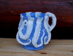 Octopus mug Surprise cup Octopus tentacles Handmade blue white porcelain cup Unusual sculpture mug Beautiful art mug